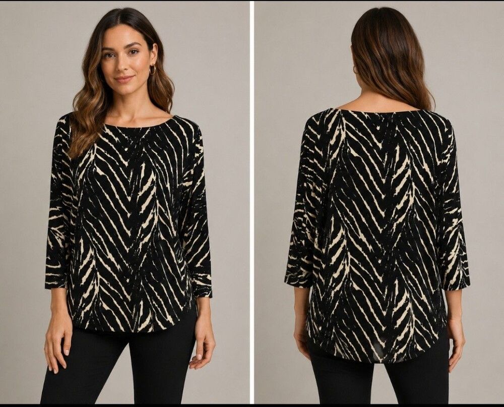 Chico's Sz 0 Black Boat Neck Zebra Animal Print Tunic Blouse Womens Oversized